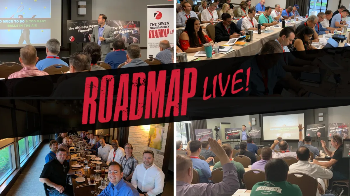 Photos from Seven Figure Agency Roadmap LIVE event — Josh on stage and agency owners in working sessions